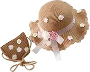 [Minkissy] 2pcs Boys and Girls and Bag Set Daisy Pattern Sun Hat Bag for Girls Lightweight Breathable for Toddlers Khaki