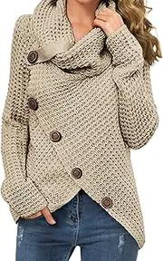 GRECERELLE Women's Solid Color Chunky Button Pullover Sweater Turtle Cowl Neck Asymmetric Hem Knit Sweater