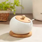 Wooden Lid Salt Shakers Ceramic Seasoning Jars Spice Organizer Box Spoon Set