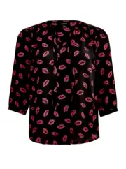 TORRID 2X Peasant Blouse Georgette Lips Black Collarless Notched 3/4 sleeve Top