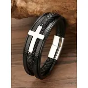 Men's Black Leather Bracelet with Silver Cross – Christian Religious Wristband, Adjustable Magnetic Clasp