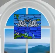 Tiffany Style Stained Glass Window Panel Suncatcher of Swans in Love 16x14in