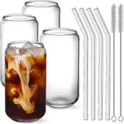 Drinking Glasses With Glass Straw 4pcs Set - 16oz Can Shaped Glass Cups, Beer Glasses, Iced Coffee Glasses, Cute Tumbler