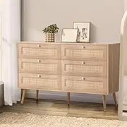 Oikiture Chest of Drawers Dresser Chest with 6 Storage Cabinet Tallboy Rattan