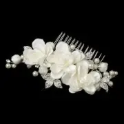 Elegant Bridal Hair Comb Silver Ivory Floral Hair Comb Pearl and Rhinestone