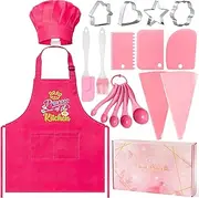 R HORSE 18Pcs Kid Cooking and Baking Toys Set, Pink Toddler Chef Outfit with Utensils, Complete Cooking Set with Kid Apron and Chef Hat, Toddler Chef Dress Up Baking Set Cooking Baking Gift for Girls