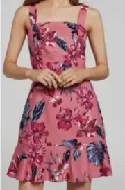 Portmans Women’s New Fit & Flare Dress Size 16 Pink Floral Linen Cotton Lining