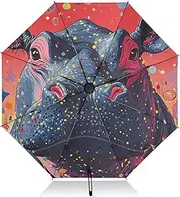 [PDZRMY] Hippo Colors Funny UV Protection Travel Umbrella Compact for Rain and Sun - Auto Open and Close UPF 50+ Windproof Portable 46” Sun Umbrella for Women and Men