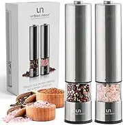 Urban Noon Battery Operated Salt and Pepper Grinder Set (Pack of 2) - Electric Stainless Steel Mills with Light - Seasoning Grinders with Adjustable Coarseness - Automatic One-Handed Operation