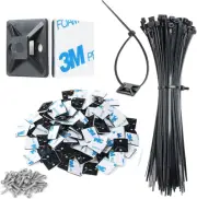 3/4" Black Self Adhesive Cable Zip Tie Mounts 100Pcs with 8" Zip Ties