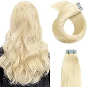 YILITE Glue in Brazilian Human Hair Blonde Tape Hair Extensions 24 Inch Skin Weft Hair Extensions Color 60 Platinum Blonde(24 Inch #60 Platinum Blonde)