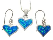925 Sterling Silver Hawaiian Blue Opal Heart Love Dangle Earrings Pendant Set