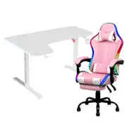 Advwin 140cm White Gaming Desk RGB LED Light & Gaming Chair with Footrest LED Light Pink