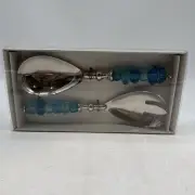 Home Studio Blue Glass Handled Salad Serving Set Fork & Spoon