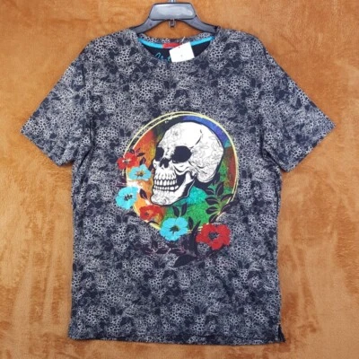 ROBERT GRAHAM Shirt Mens Medium Black Pullover Crew Floral SINFUL SKULL $135