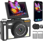 4K Digital Camera for Photography, Autofocus, WiF 64MP Vlogging Camera for YouTube, 3" 180° Flip Screen, 20X Digital Zoom Point Compact Camera, with Flash Hot Shoe, 64GB TF Card & 2 Batteries
