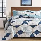 Flysheep Bed in a Bag 7 Pieces Queen Size, Navy Blue Triangles Geometric Patt...