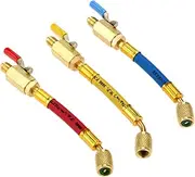 R134A R410A R22 R12 Charging Hoses and Ball Valve Set, 3 Pcs Color Coded Hoses/w Ball Valve 1/4" SAE Thread (7" Long) for AC HVAC Maintenance Kit and Air Condition Refrigeration Charging Tools