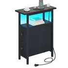 End Table with Charging Station, Narrow Side Table with 2 Fabric Drawers,