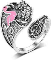 [qielizhu] Flamingo Spoon Ring 925 Sterling Silver Pink Flamingo Gifts for Women Vintage Spoon Thumb Rings Adjustable Flamingo Jewelry Gift, Sterling Silver, No Gemstone