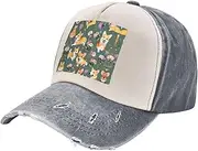 [YANYU] Corgi Floral Flowers Print Fashion Washed Distressed Baseball Cap Vintage Adjustable Hat with Classic Brim, Gray, One Size