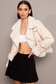 Beige Aviator Jacket Long Sleeve Faux Leather - Size S, Women's Faux Fur Jacket