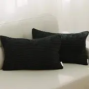 Corduroy Throw Pillow Covers Plush Velvet Oblong Lumbar Pillow Case Cushion Cover for Sofa 2 Pack, 30cm x 50cm, Black