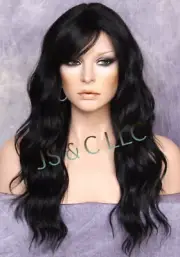 Long Beach Wavy Jet Black Human hair Blend Full Wig Heat OK Bangs Layered FBW 1