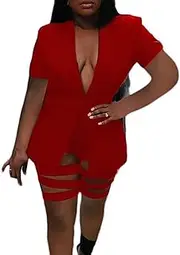 [Mojessy] Two Piece Outfits for Women Sexy Deep V Neck Blazer Cut Out Bodycon Short Pants Set Clubwear