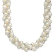 Sterling Silver Rhodium 6-7mm Fwc Pearl/Glass Bead Twisted Necklace