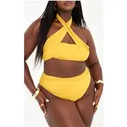 Plus Chartreuse High Waist Ruched Bikini Bottoms, Chartreuse