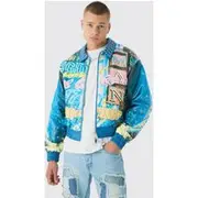 Mens Boxy Stud Detail Printed Collared PU Bomber Jacket In Blue