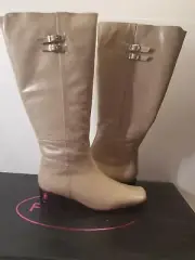 Firenze Beige Woman's Boots It37 US 7 Full Zip Up Square Toe Boot 1.5 Heel