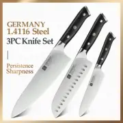Knife Set Chef Utility Santoku Stainless Steel Full Tang Wood Handle Slicing 3pc