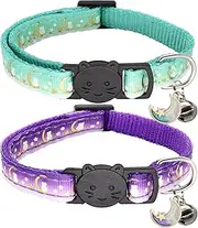 Giecooh 2 Pack Breakaway Cat Collar with Bells,Adjustable Moon and Star Kitten Safety Collars for Boys & Girls,Purple+Teal