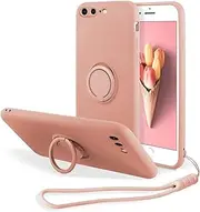 UEEBAI Case for iPhone 7 Plus iPhone 8 Plus, Slim Liquid Silicone Phone Case with 360 Rotatable Ring Holder Kickstand Fashion Hand Strap with Magnetic Car Mount Shockproof TPU Bumper Cover - Pink