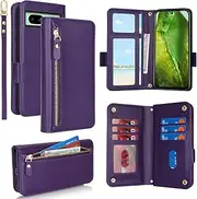 [SunYoo] for Google Pixel 8A Case Leather Wallet with Card Holders Money Slots Wrist Strap for Women Men RFID Blocking Purse for Pixel8A Zipper Coin Pocket Cover Kickstand Folio Flip Case Purple