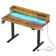 Advwin LED RGB Light Electric Standing Desk with Power Outlets & Monitor Stand 120cm Rustic Brown Desktop+Black Frame