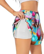 [WURTON] Colorful Sweet Lollipop Cupcake Donut Print Exercise Gym Workout Shorts Women's Athletic Shorts Dual-Layered Yoga Running
