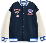 [SONIC THE HEDGEHOG] Boys Bomber Jacket | Kids Sonic Racing Team Varsity Jacket in Blue | Kids Baseball Jacket with Zip and Sonic Character Checked Flag Graphic Sega