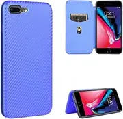 TiHen Compatible for Case iPhone 8, Flip Carbon Fiber [Drop Tested] Shockproof Stand Anti Fingerprints Cover with Card Slot+Tempered Glass Screen Protector*2-Blue