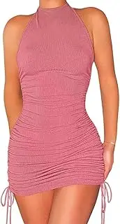 [Generic] Women's Sexy Drawstring Ribbed Mini Dress Halter Ruched Knit Backless Bodycon Party Club Dresses