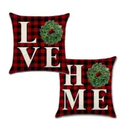 Set of 2 Pillow Covers 18x18, Black and Red Plaid Christmas Wreath Style Linen