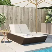 Double Sun Lounger Outdoor Folding Patio Lounge Chair with Cushions Brown Poly Rattan, Adjustable Reclining for Lawn & Beach Relaxation