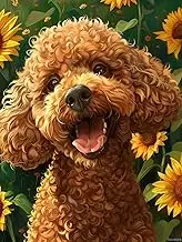 Cute Brown Poodle Dog in Sunflowers 5D Diamond Art Painting by Number Kits for Adults DIY Paint with Full Drill Round Diamond Gems Painting Art Craft for Home Wall Decor 12x16 inch