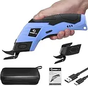 Sakerplus Cordless Electric Scissors, Fabric Scissors, Powerful Pinking Shears, Rechargeable Cardboard Cutter, Craft Scissor for Carpet Fabric Cardboard Leather Felt Cutting (blue-bag(2 blade))