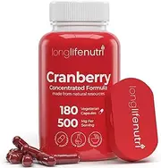 Cranberry 500mg 180 Vegetarian Capsules | Urinary Tract Infection UTI | Pure Fruit Concentrate Extract 25,000 mg | Plus Vitamin C & E | Herbal Bladder Supplement | Potent Natural Fresh Pill Complex
