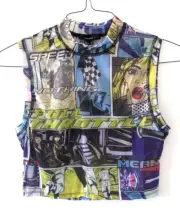 Comic Graphic Print Mesh Crop Top Shirt woman's LARGE workout exercise gym yoga