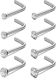 [Kakonia] 8PCS Titanium 20G Nose Stud for Women Men Clear Diamond CZ Nostril Piercing Jewelry Straight/Screw/L Shaped G23 Titanium Nose Studs Set 1.5mm 2mm 2.5mm 3mm