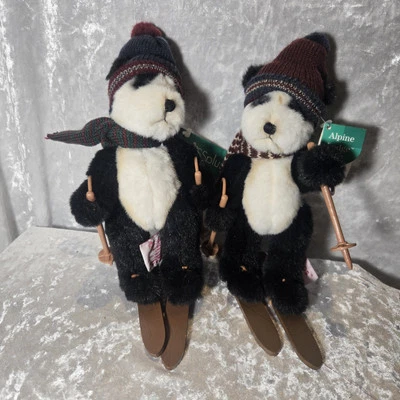 2 Vintage Russ Berrie Bumps Panda Bear Skiing Plush Stuffed Animal Posable 9"